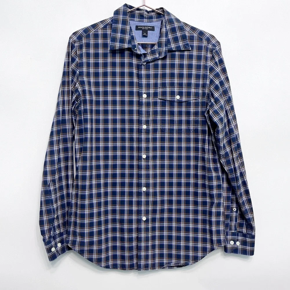 banana republic | soft wash button down shirt navy brown plaid m